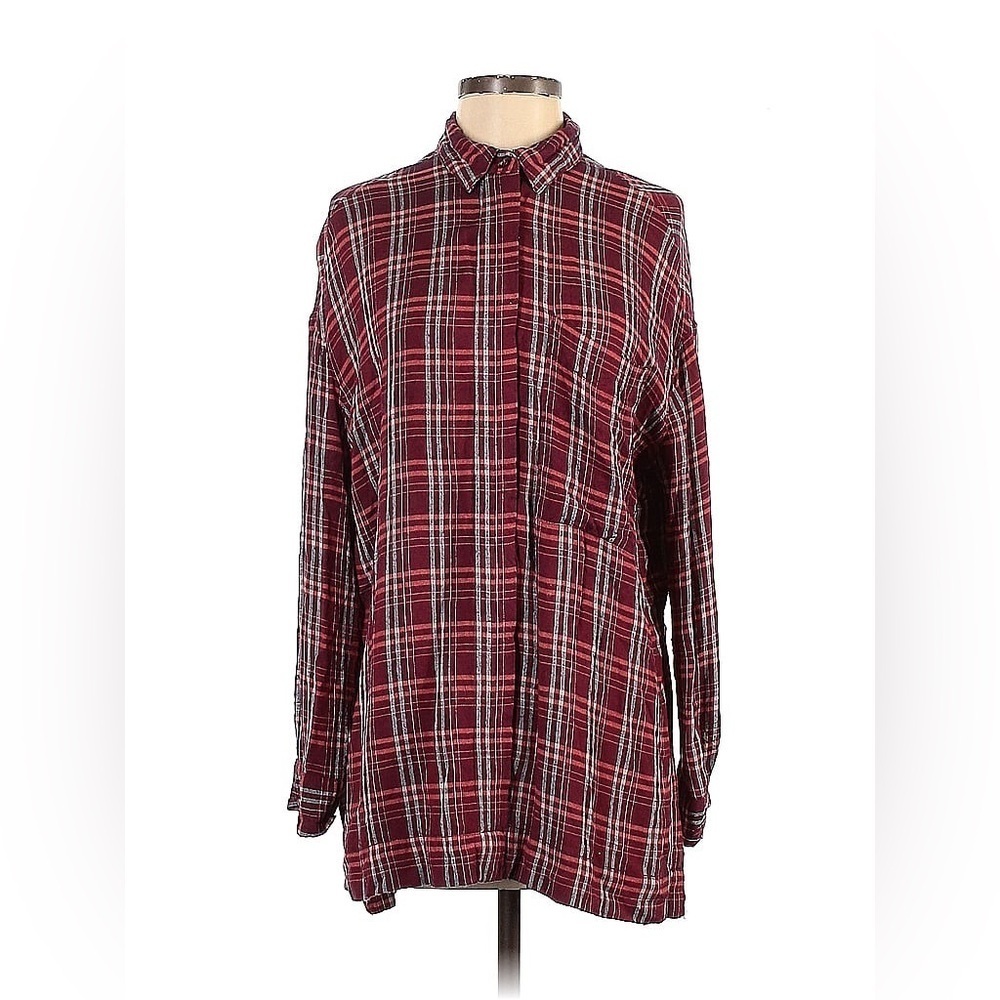 BDG burgundy plaid high-low hem button-up shirt tunic